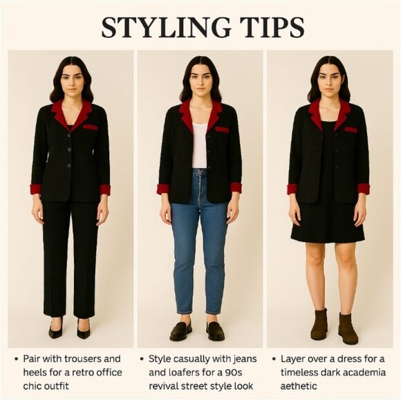 Sag Harbor Petite M Black Red Contrast Trim Button Front Blazer Vintage Retro - Picture 8 of 11